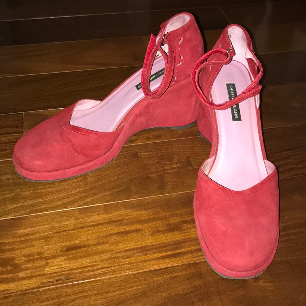 DKNY Jeans Red suede platform wedges